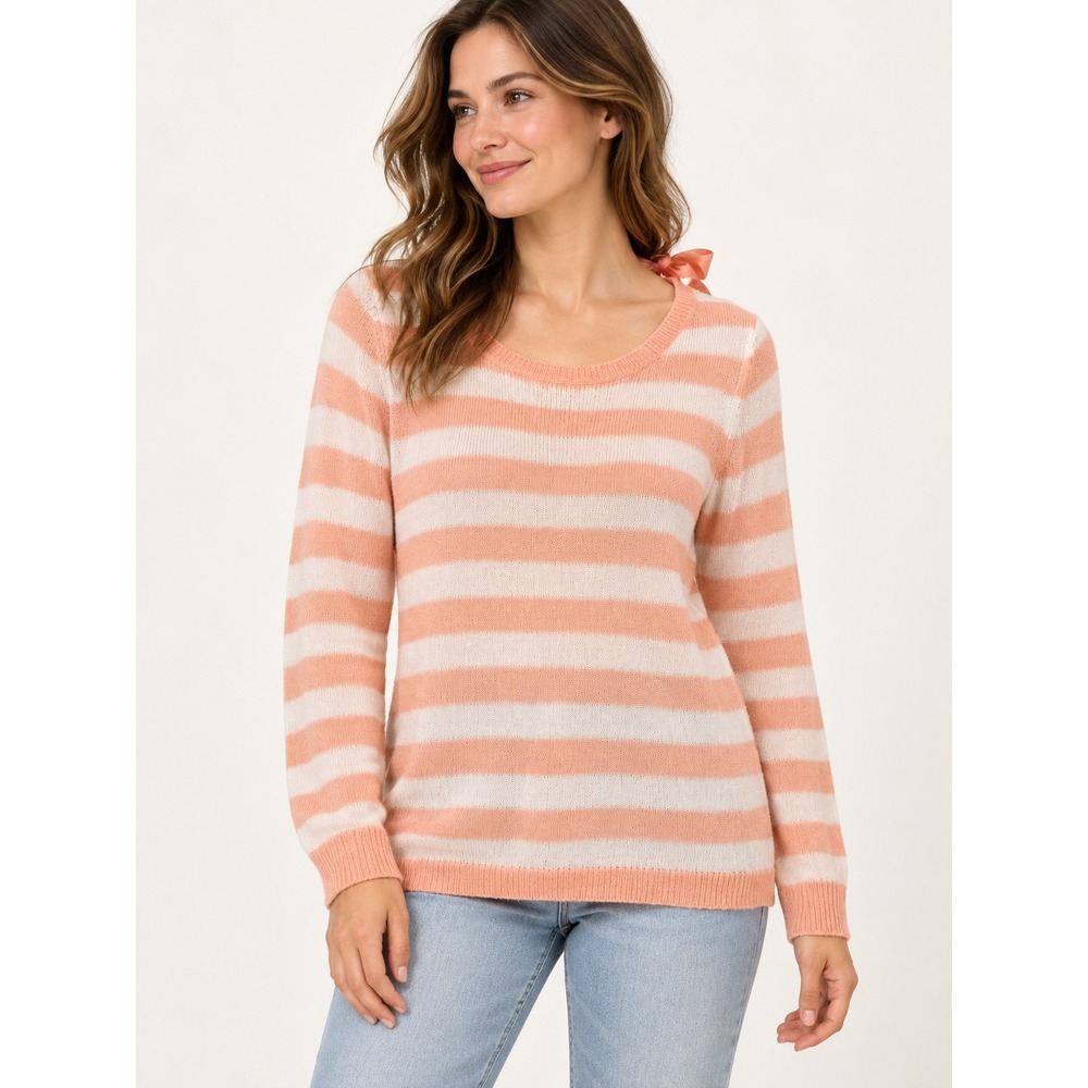 LC Lauren Conrad Peach White Striped Ribbon Back Knit Sweater XL Womens